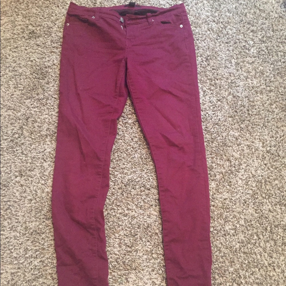 Red wine colored skinny stretchy jeans